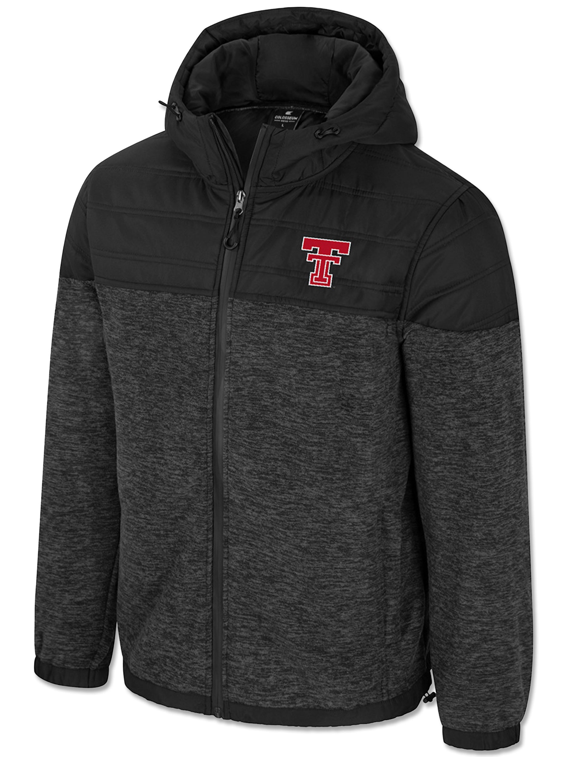 Black full zip hoodie with a heathered polar fleece body, quilted shoulder yoke and hood, and the Double T at the left chest