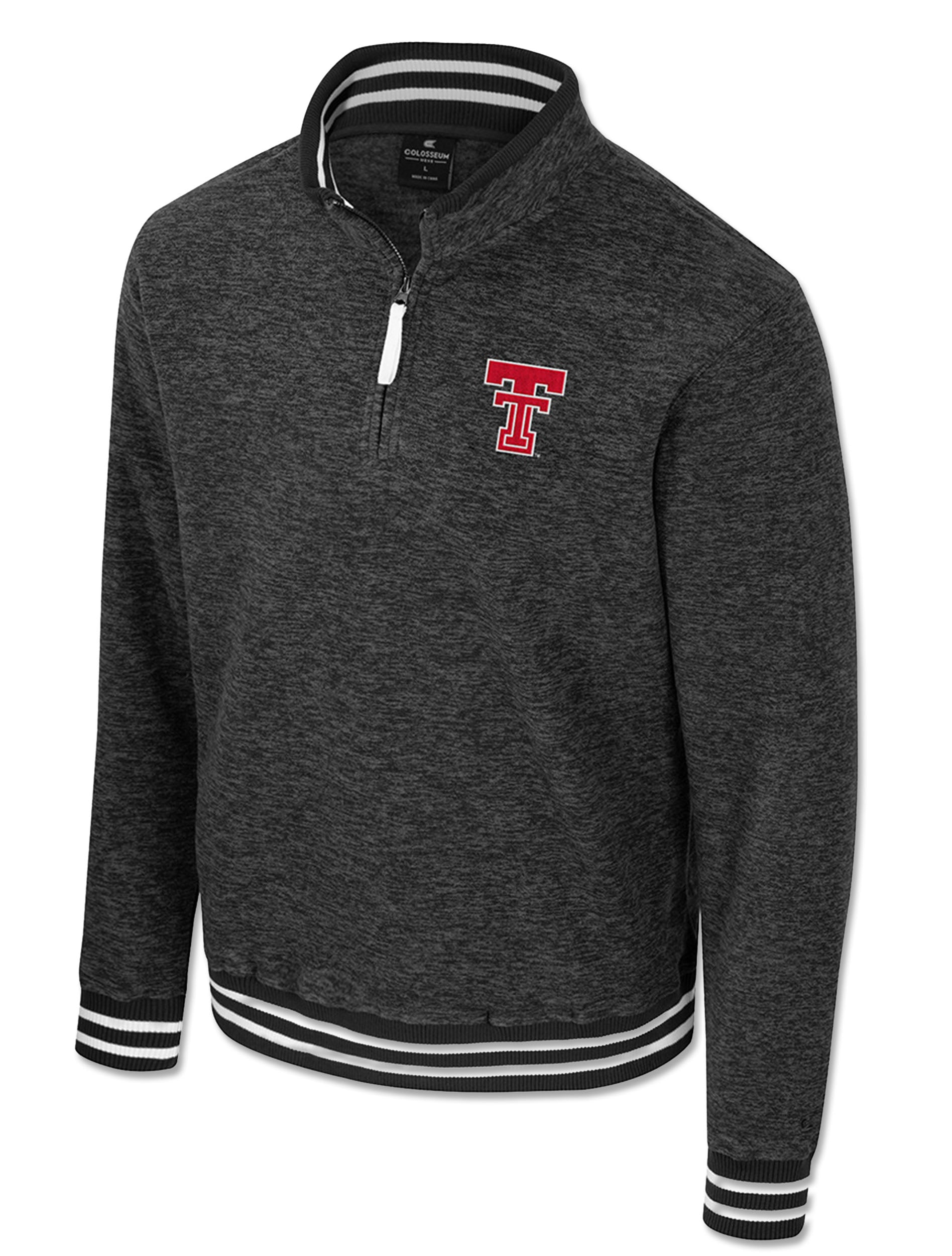 Black heathered polar fleece half zip with black and white varsity striped rib at the collar, cuffs and hem, and the Double T at the left chest