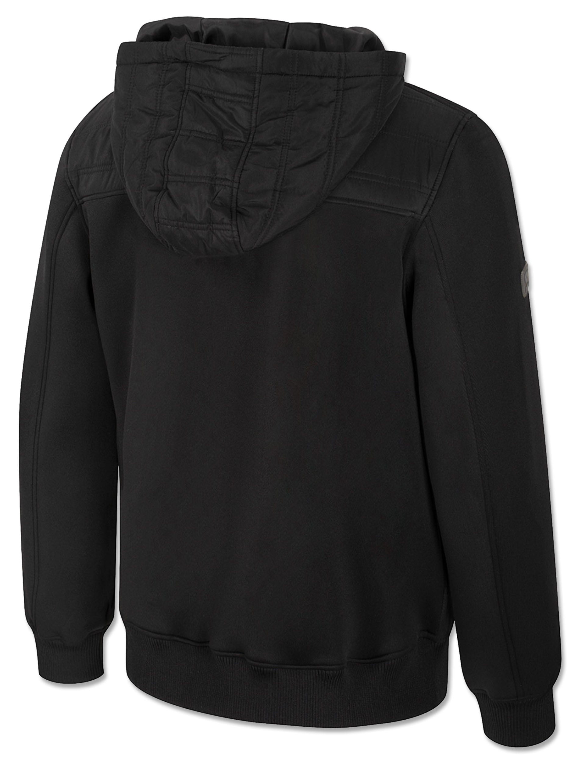 Back of the black hooded puffer showing the quilted hood and plain scuba knit back