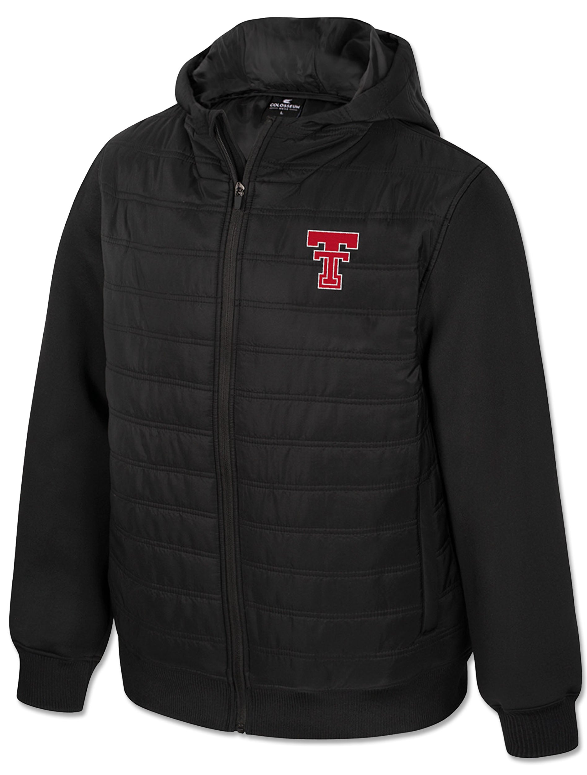 Front of the black hooded puffer with a quilted body, scuba knit sleeves, full zip, and the Double T at the left chest