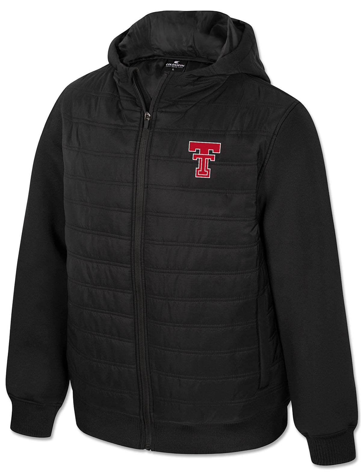 Front of the black hooded puffer with a quilted body, scuba knit sleeves, full zip, and the Double T at the left chest