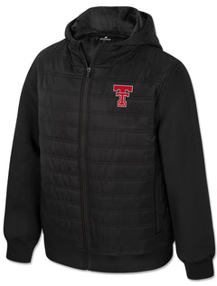 Front of the black hooded puffer with a quilted body, scuba knit sleeves, full zip, and the Double T at the left chest