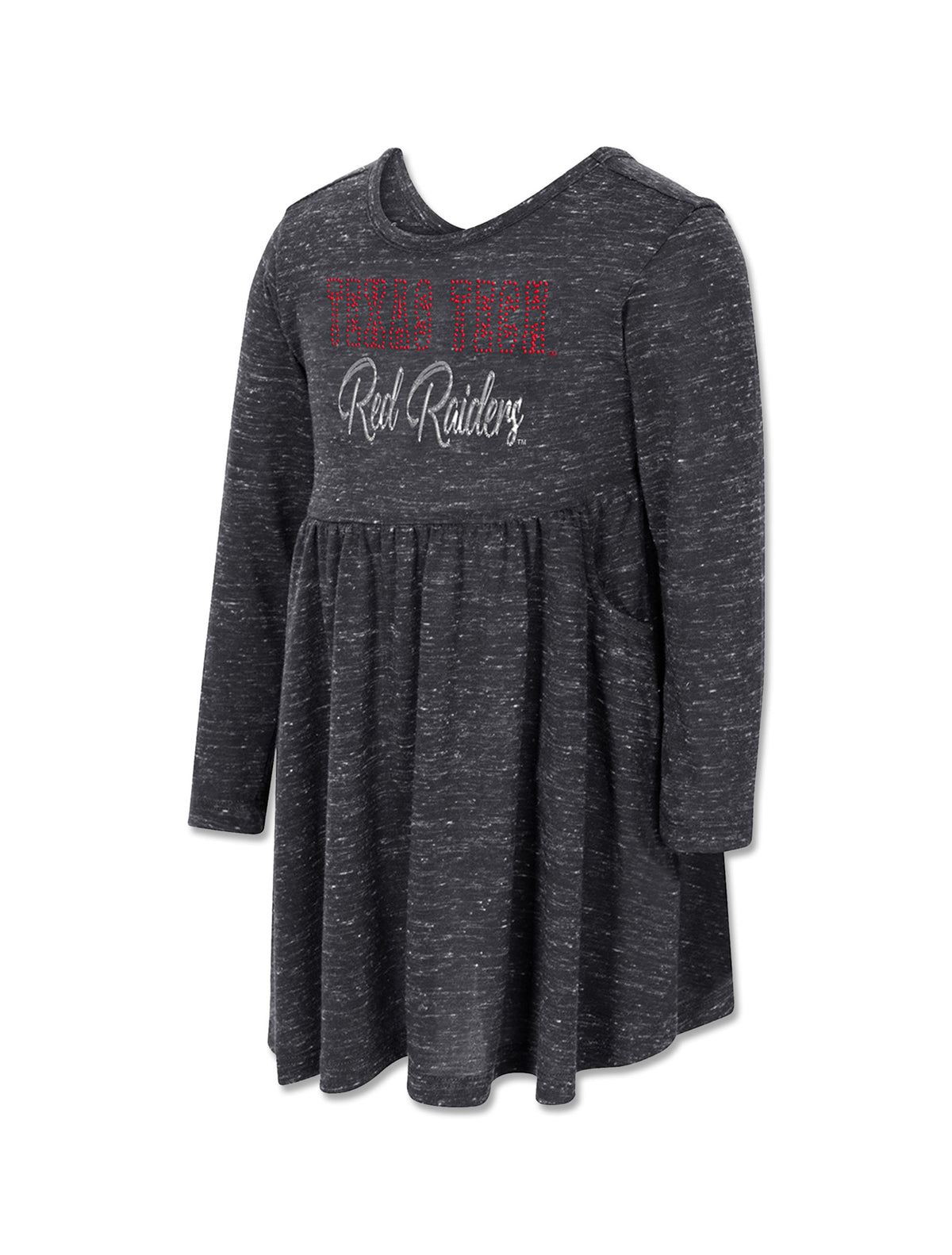 Front view of red rhinestone TEXAS TECH lettering and silver glitter Red Raiders script on a black speckled Arena toddler dress