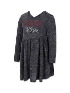 Front view of red rhinestone TEXAS TECH lettering and silver glitter Red Raiders script on a black speckled Arena toddler dress