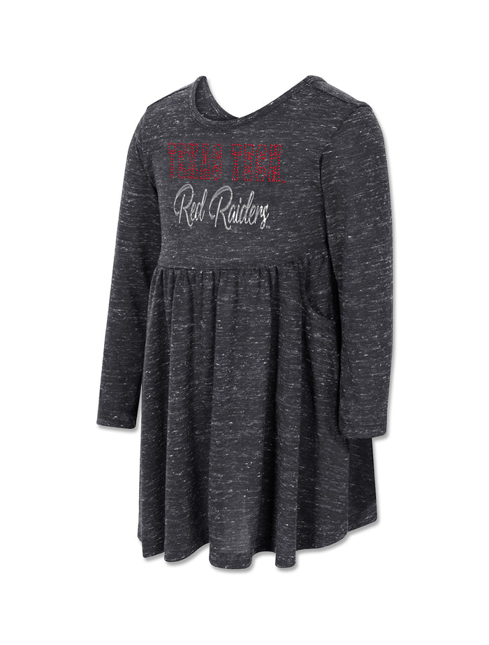 Front view of red rhinestone TEXAS TECH lettering and silver glitter Red Raiders script on a black speckled Arena toddler dress