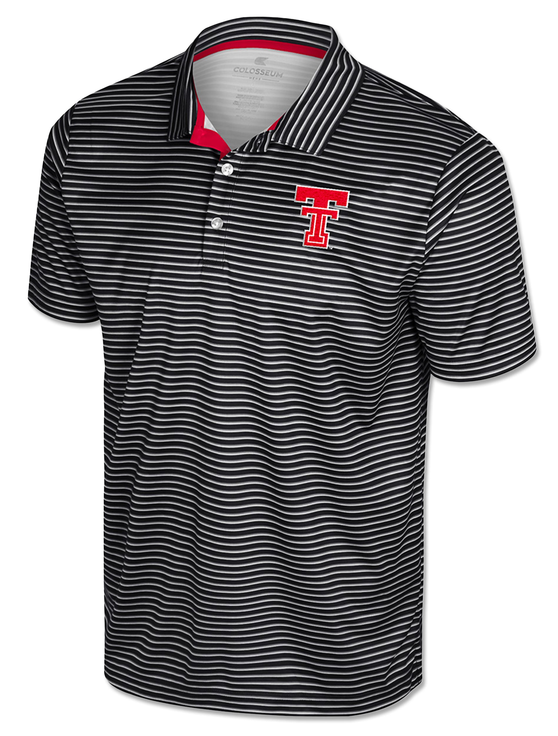 Black polo with fine white pinstripes, a striped collar with red inner lining, and an embroidered Double T at the left chest