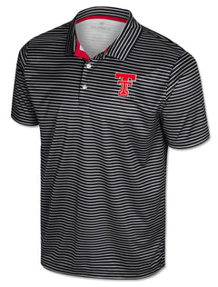 Black polo with fine white pinstripes, a striped collar with red inner lining, and an embroidered Double T at the left chest