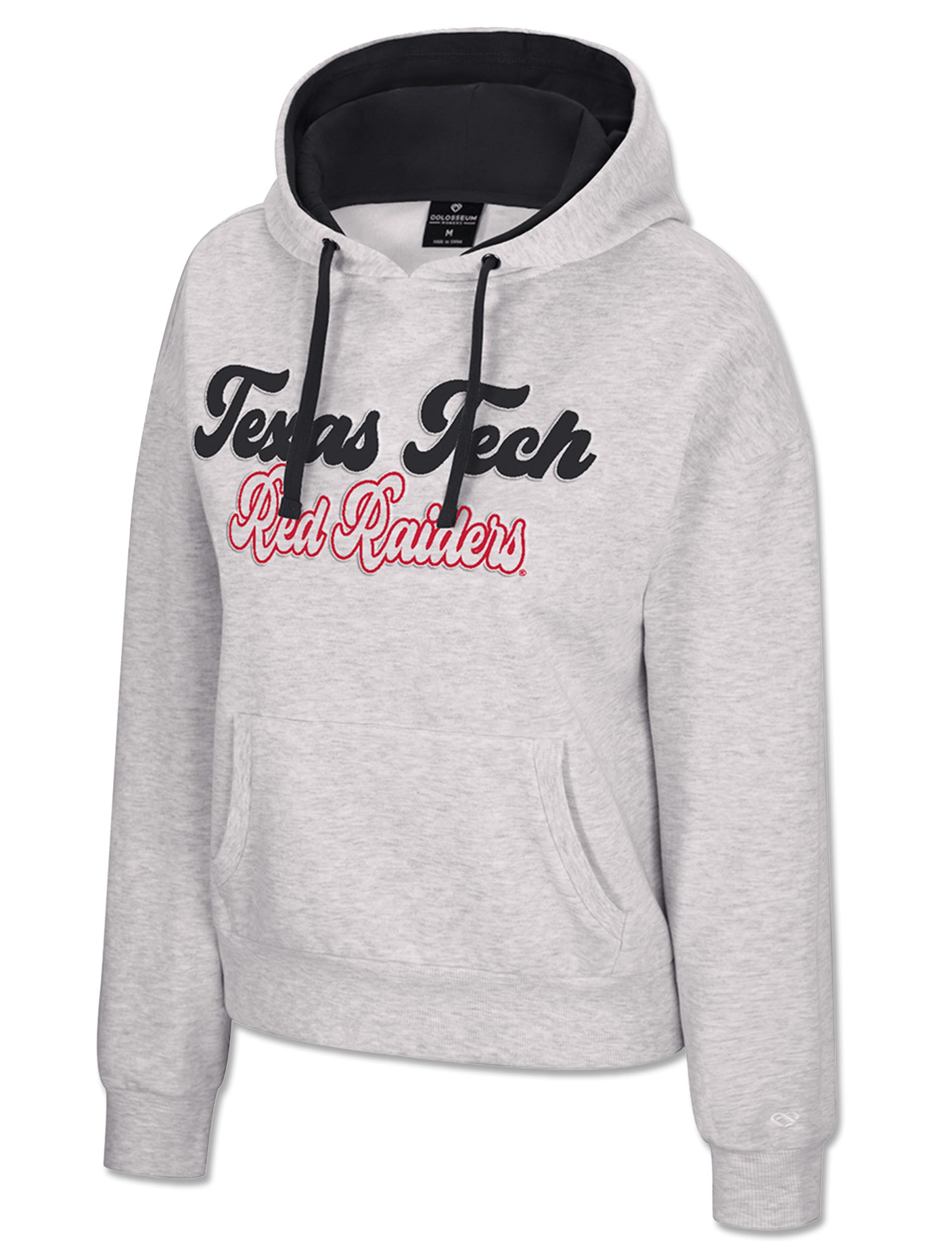 Light heather grey Texas Tech women's hoodie with Texas Tech in raised black script and Red Raiders below in red script with a white outline