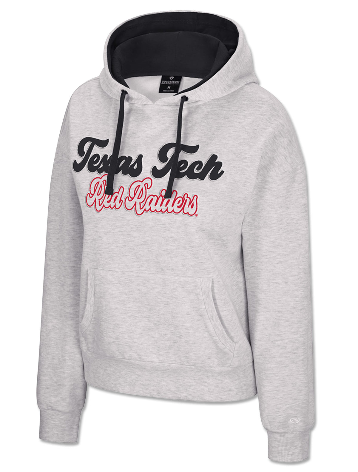 Light heather grey Texas Tech women's hoodie with Texas Tech in raised black script and Red Raiders below in red script with a white outline