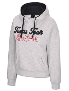 Light heather grey Texas Tech women's hoodie with Texas Tech in raised black script and Red Raiders below in red script with a white outline