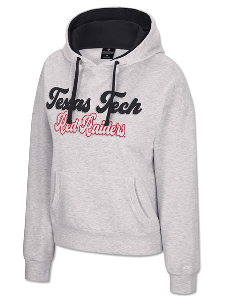 Light heather grey Texas Tech women's hoodie with Texas Tech in raised black script and Red Raiders below in red script with a white outline