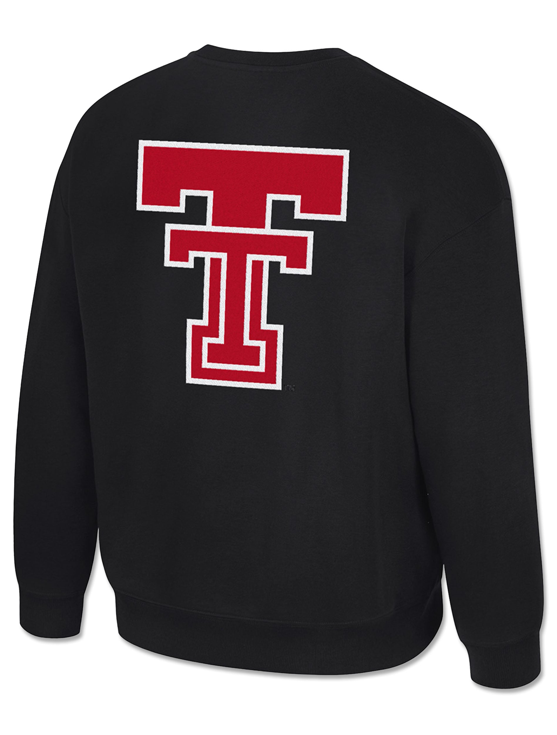 Back of a black Texas Tech crewneck sweatshirt with a large red Double T outlined in white across the shoulders