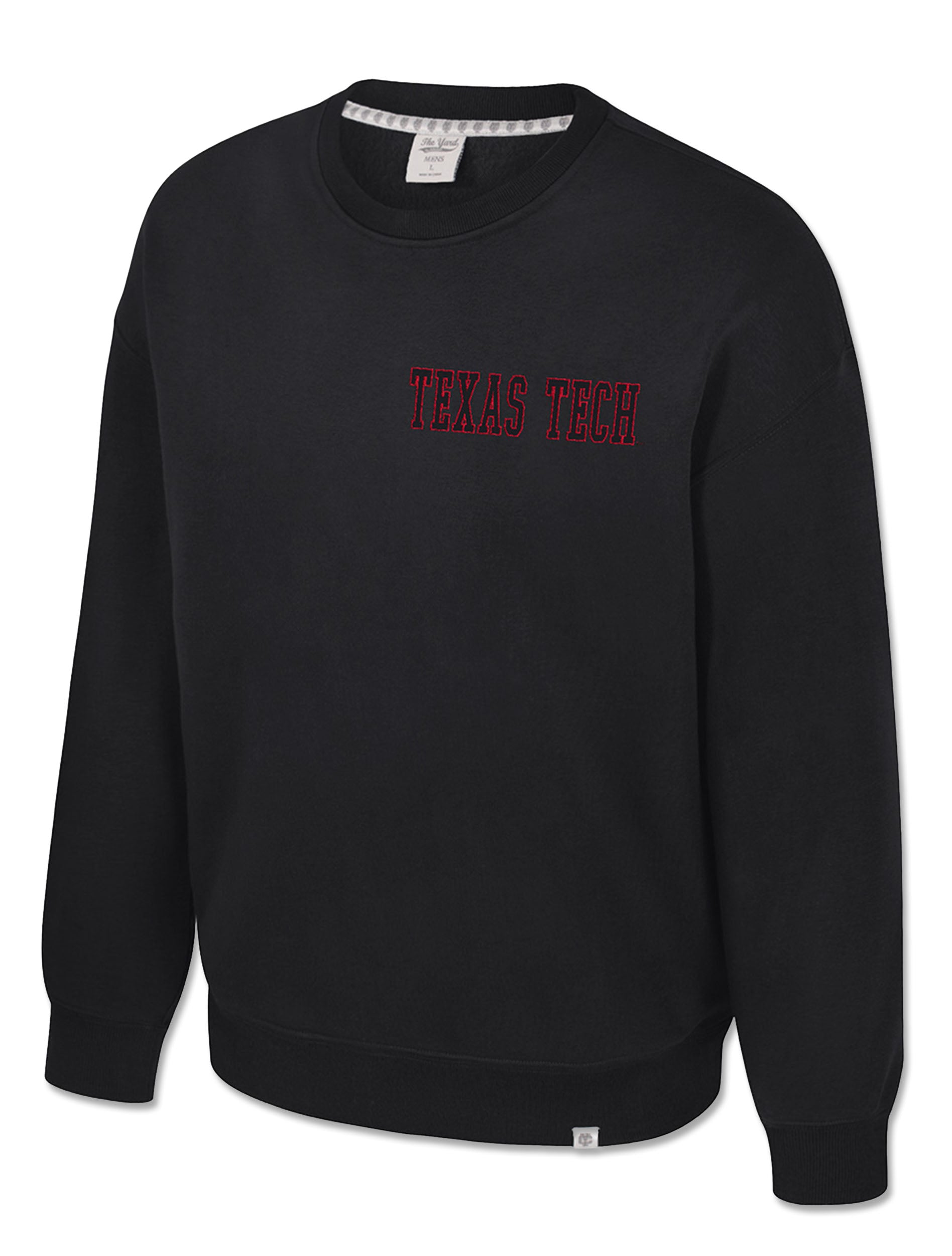 Front of a black Texas Tech crewneck sweatshirt with a small TEXAS TECH wordmark outlined in red at the chest