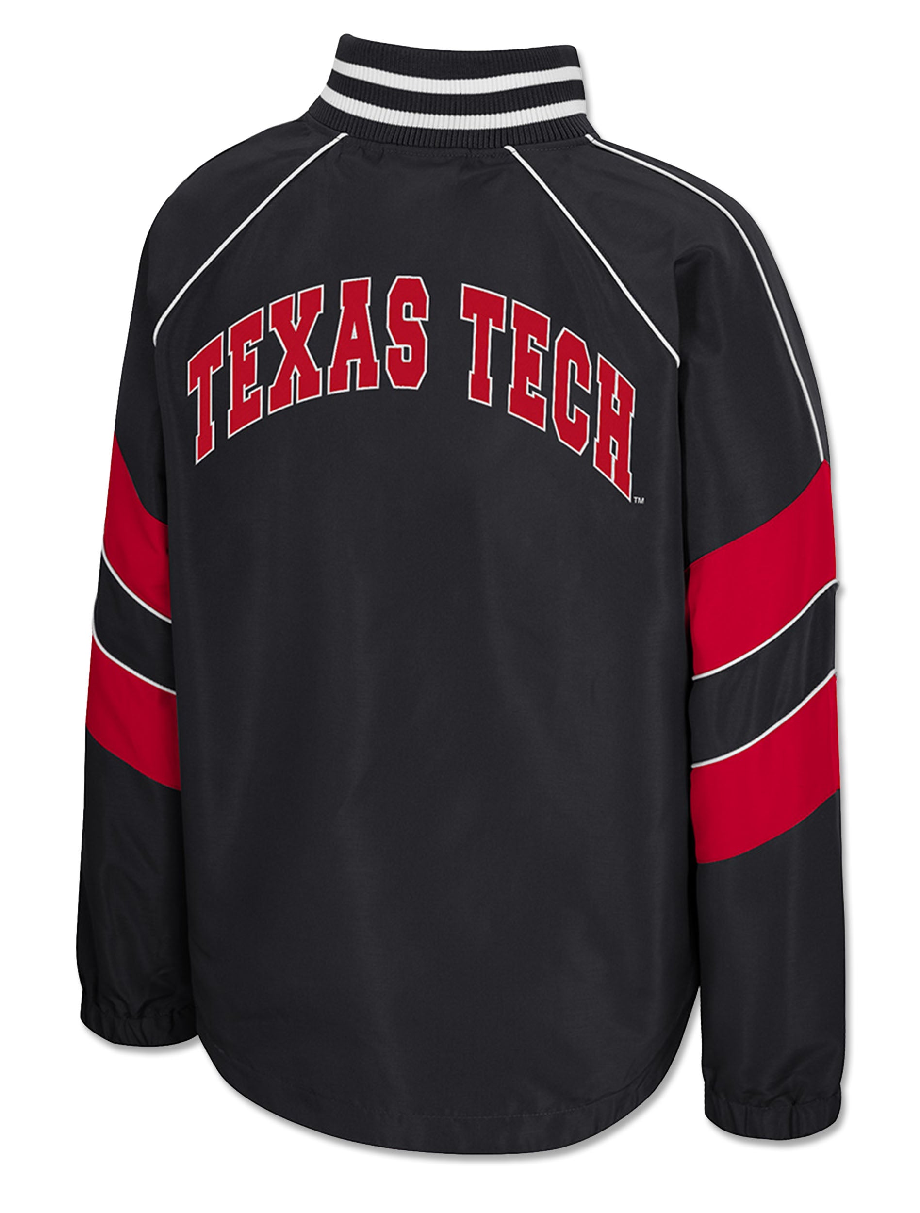 Back of a black Texas Tech women's half zip windshirt with TEXAS TECH arched across the upper back in red with a white outline