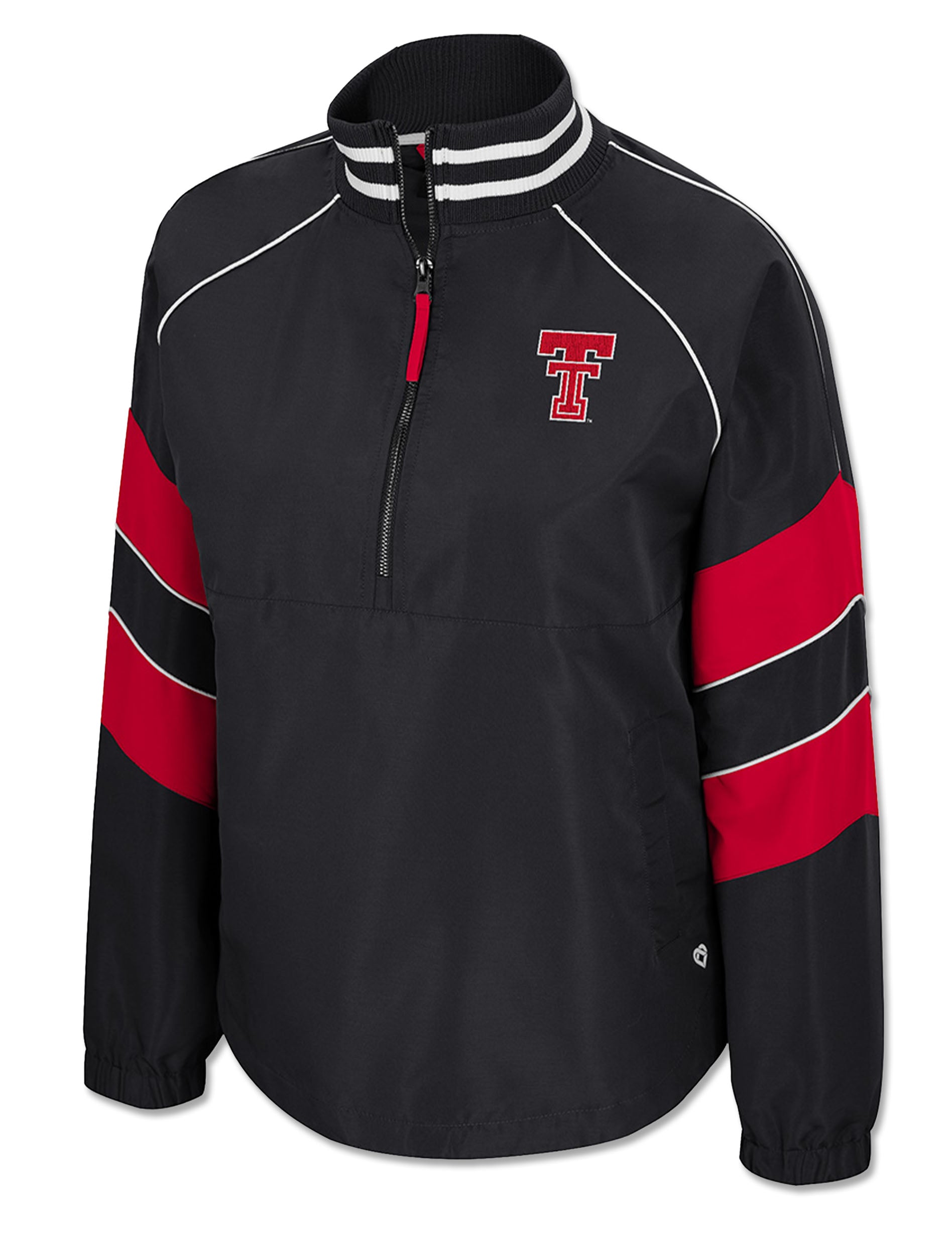Front of a black Texas Tech women's half zip windshirt with a striped rib collar, white piping, a red Double T at the chest and angled red and white sleeve bands