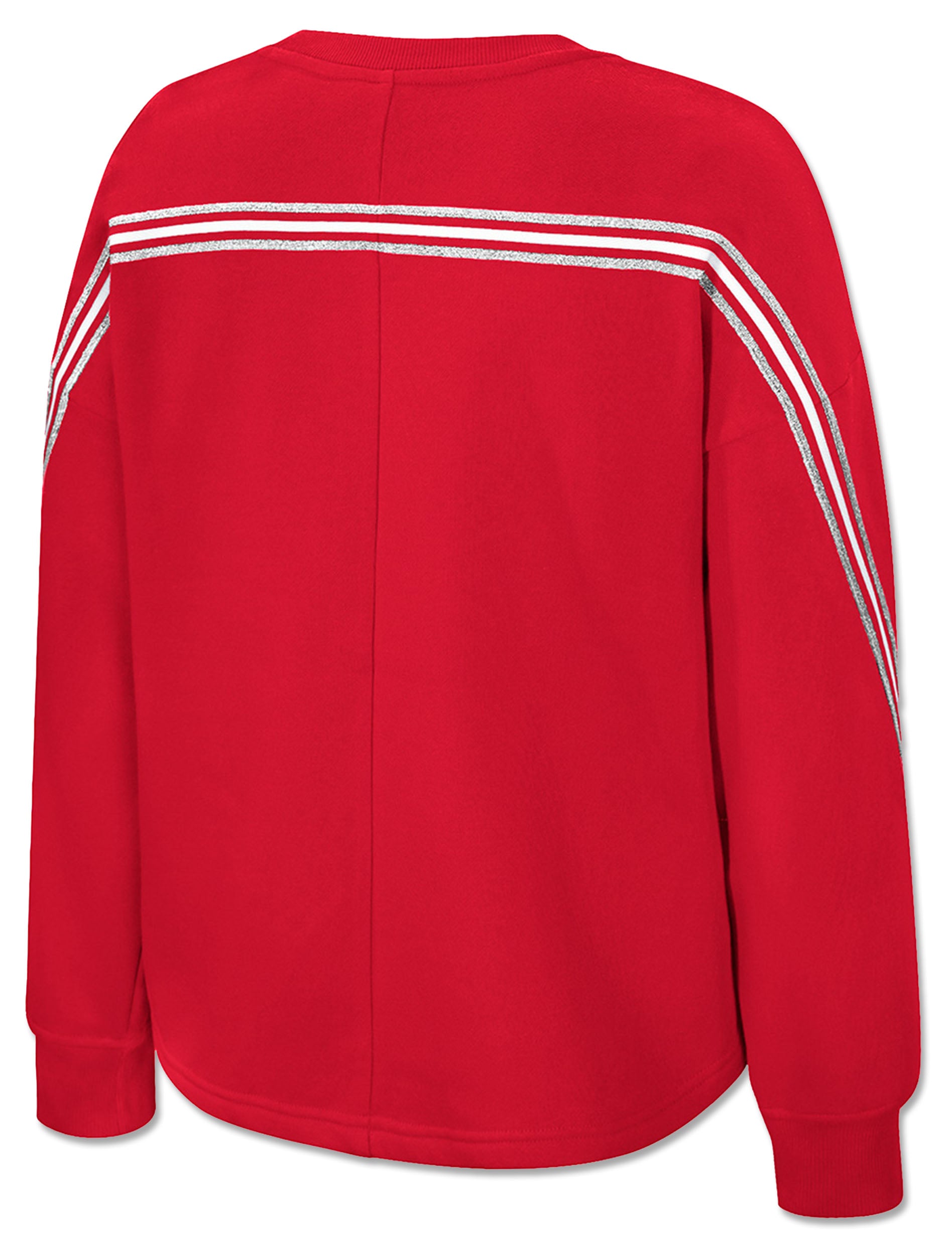 Back of a red Texas Tech women's crewneck sweatshirt showing white and silver glitter stripes running across the upper back and into the sleeves