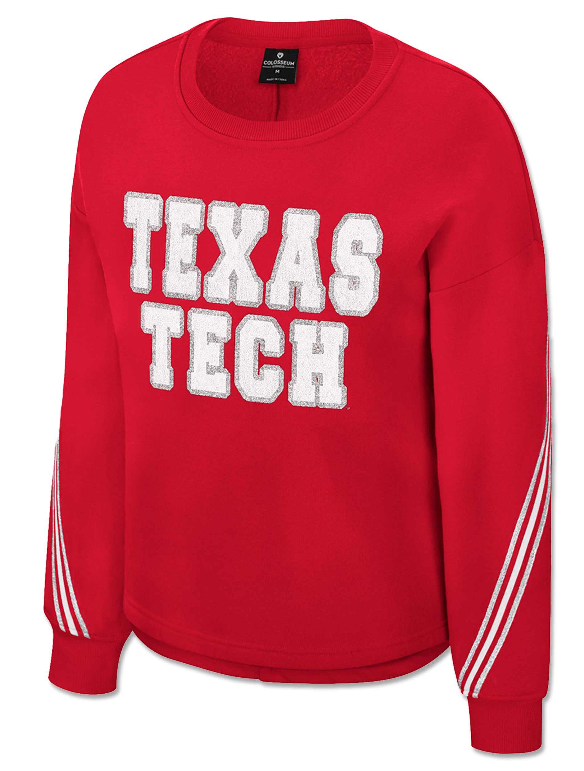 Front of a red Texas Tech women's crewneck sweatshirt with TEXAS TECH stacked in white chenille lettering and glitter stripes down both sleeves