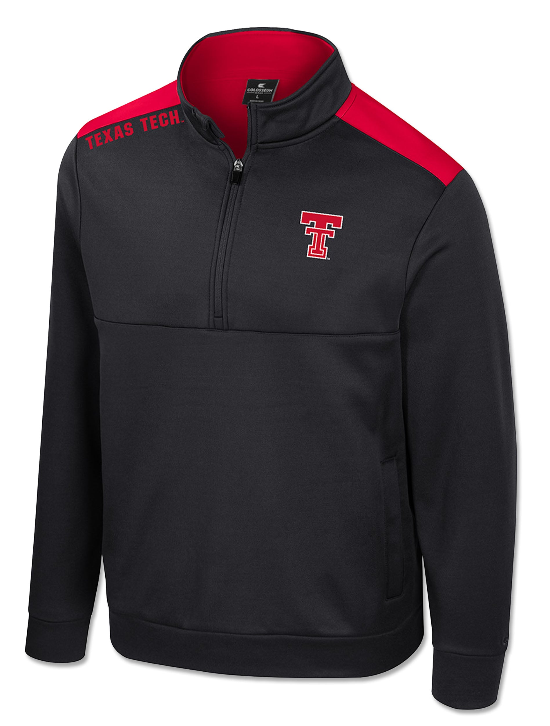 Black quarter zip poly fleece with red shoulder panels, TEXAS TECH printed across one shoulder, and an embroidered Double T at the left chest