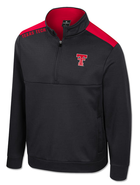 Black quarter zip poly fleece with red shoulder panels, TEXAS TECH printed across one shoulder, and an embroidered Double T at the left chest