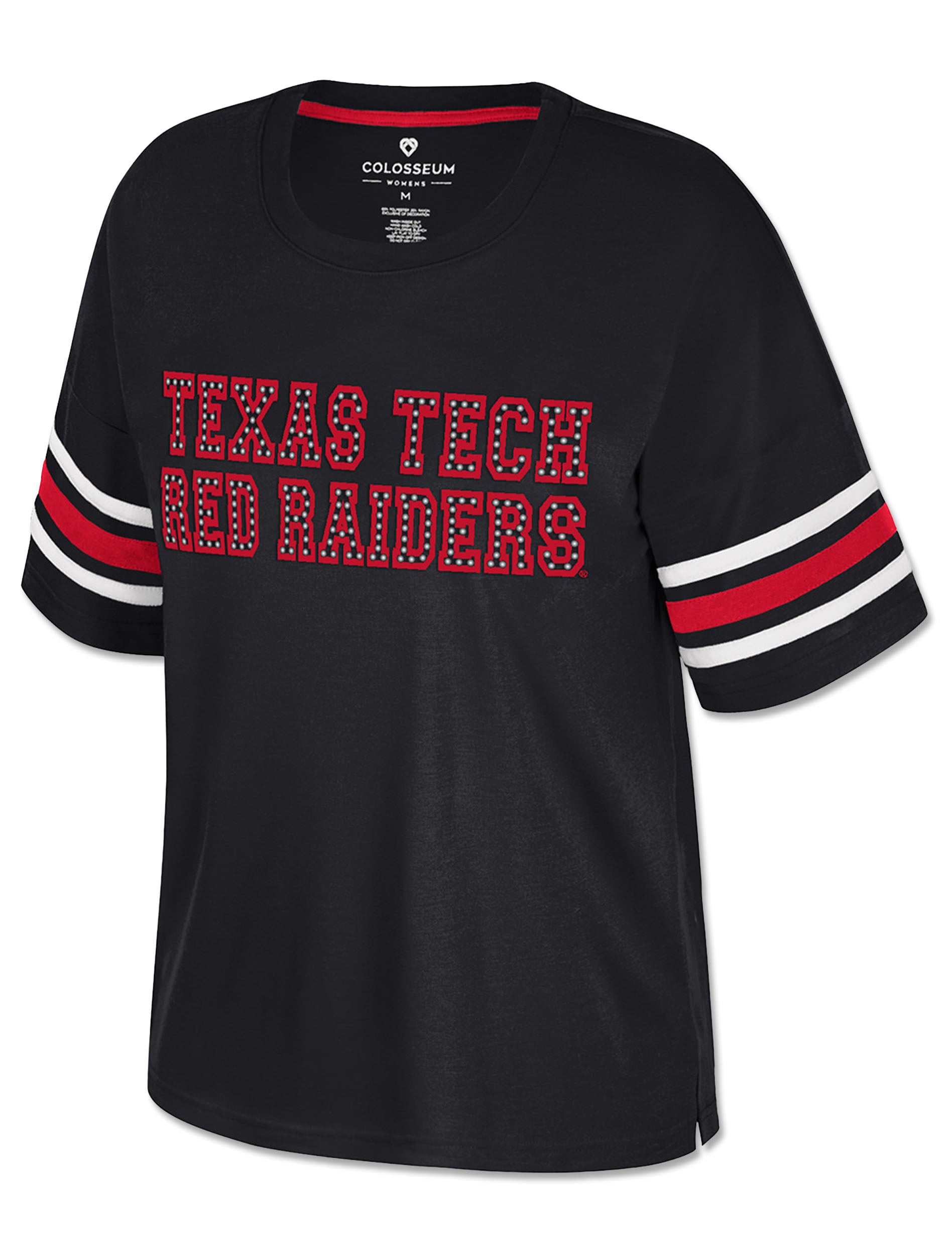 Black Texas Tech women's tee with TEXAS TECH over RED RAIDERS in outlined red letters filled with silver studs, and red, white and black stripes around both sleeves