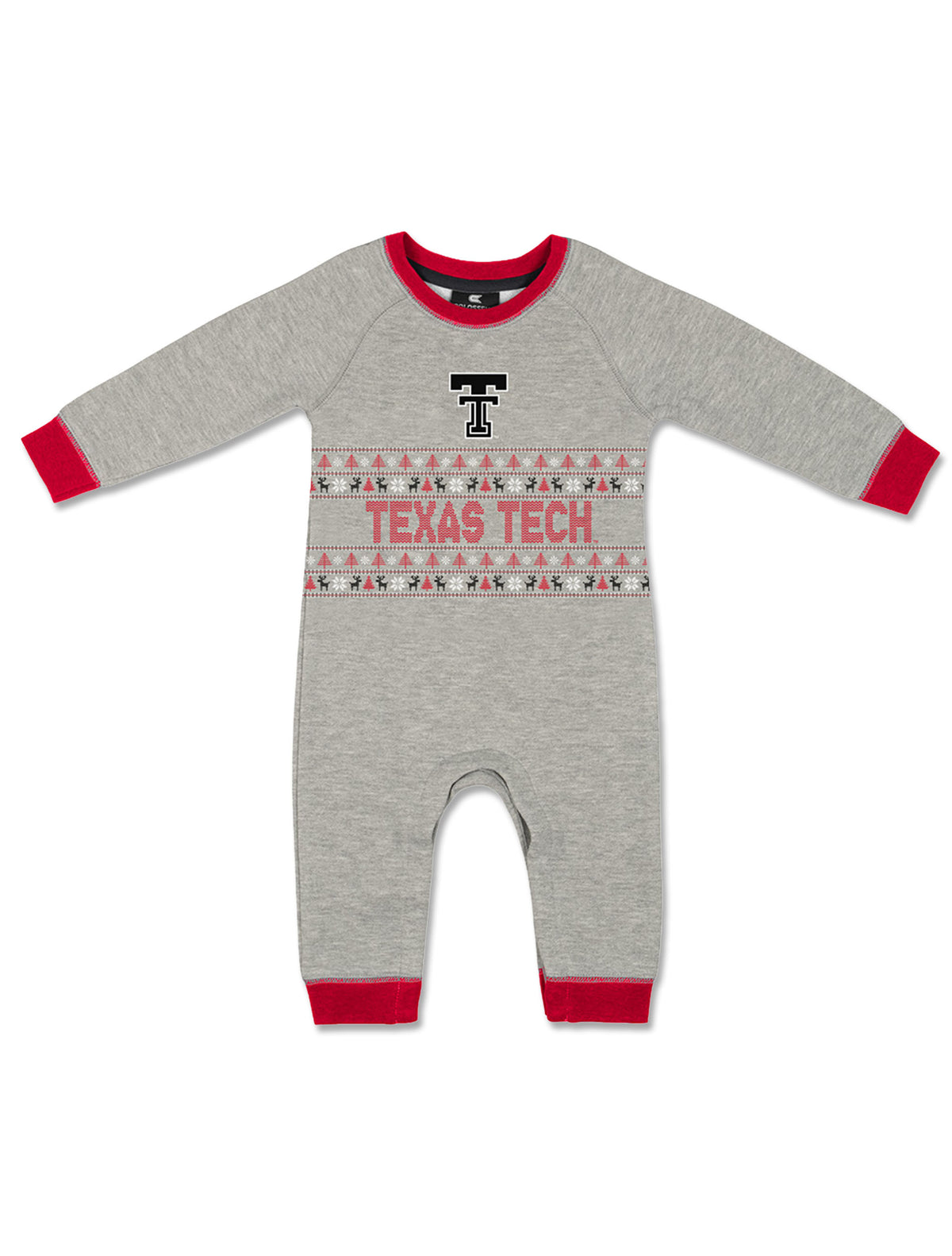 Black Double T and a red Texas Tech holiday knit band with reindeer and snowflakes on a heather grey Arena infant romper with red trim