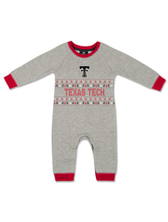 Black Double T and a red Texas Tech holiday knit band with reindeer and snowflakes on a heather grey Arena infant romper with red trim