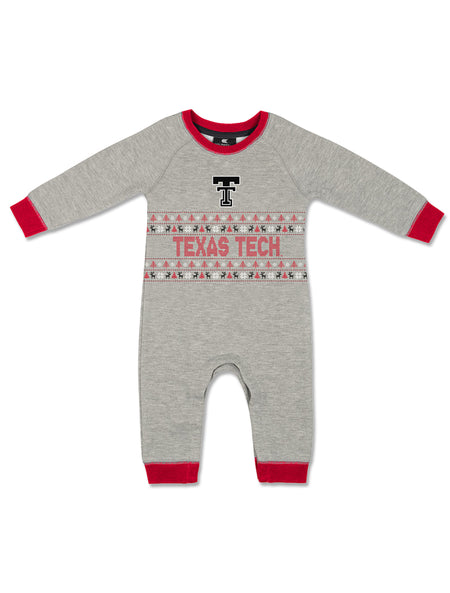 Black Double T and a red Texas Tech holiday knit band with reindeer and snowflakes on a heather grey Arena infant romper with red trim