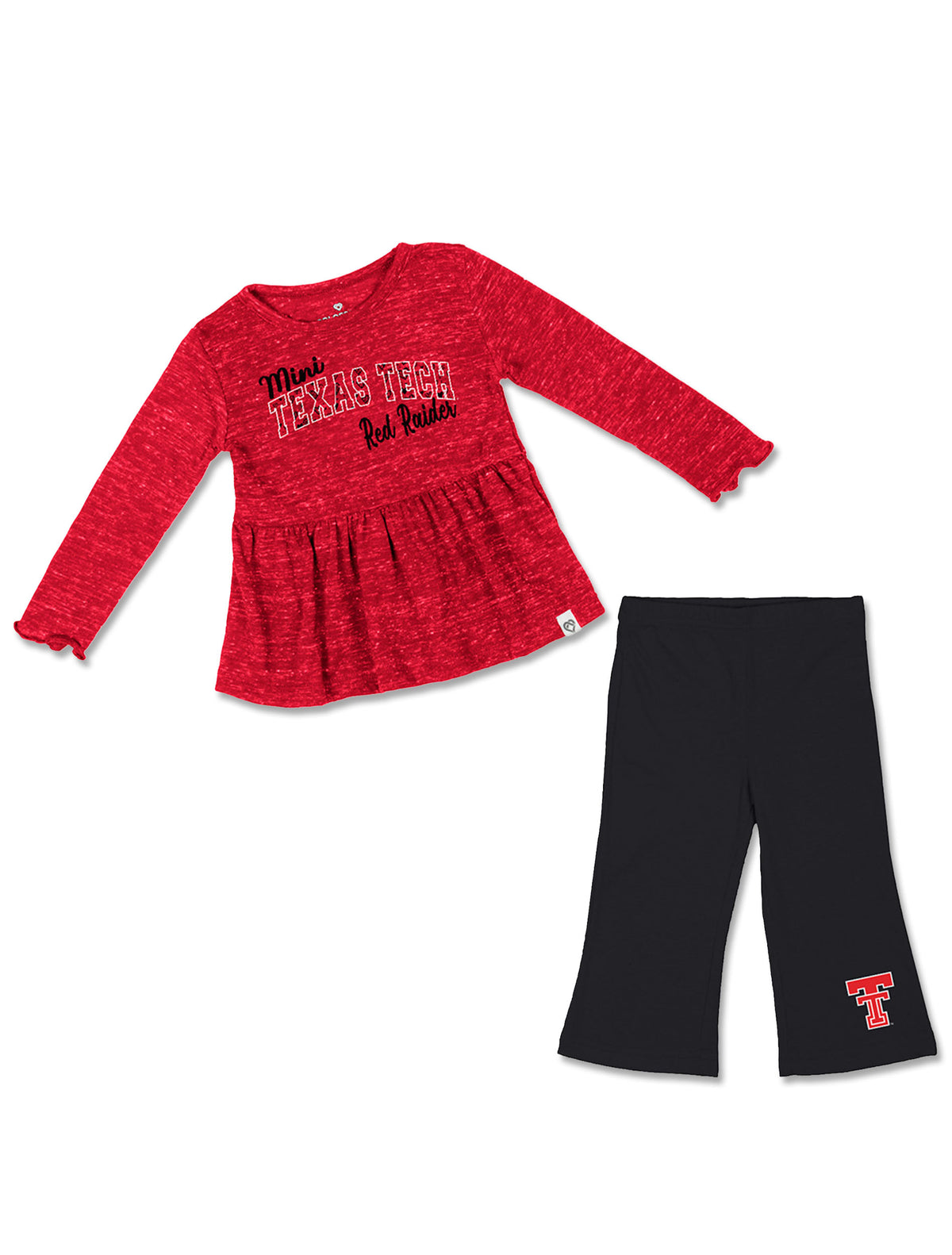 Mini Texas Tech Red Raider lettering on a red speckled peplum top with black pants carrying a red Double T, an Arena infant girls set