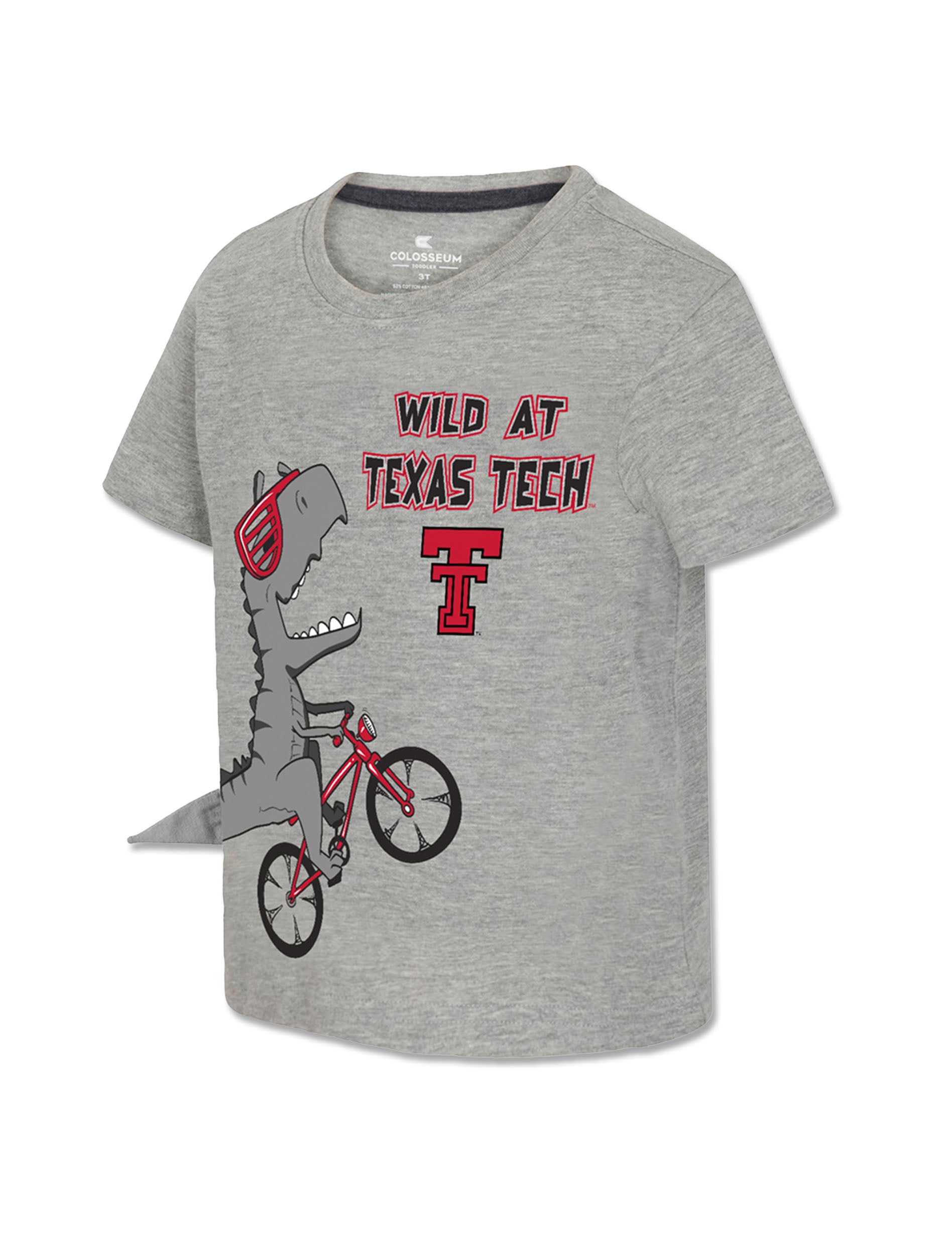 Heather grey Texas Tech toddler tee with WILD AT TEXAS TECH above a red Double T and a grey dinosaur in red sunglasses riding a red bike
