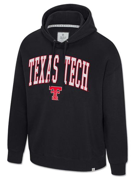 White arched TEXAS TECH twill applique and red Double T on a black Arena sueded fleece hoodie
