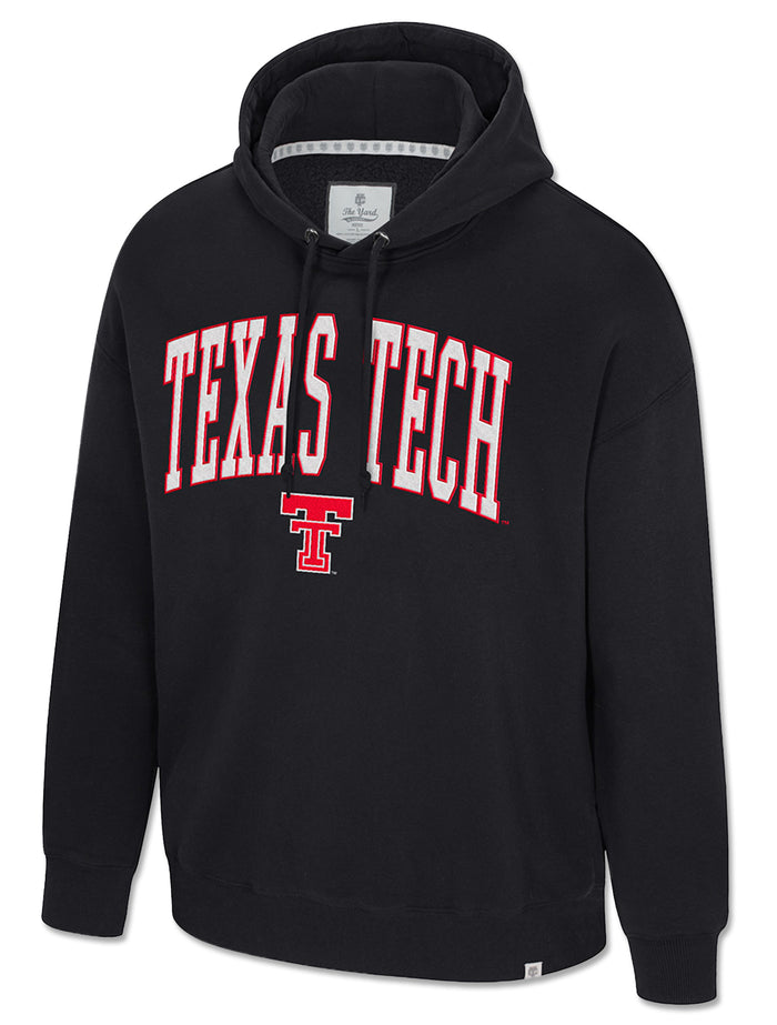 White arched TEXAS TECH twill applique and red Double T on a black Arena sueded fleece hoodie