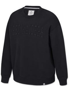 Tonal black RED RAIDERS twill applique on a black Arena Texas Tech sueded fleece crewneck sweatshirt