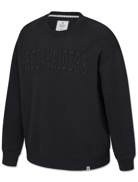 Tonal black RED RAIDERS twill applique on a black Arena Texas Tech sueded fleece crewneck sweatshirt