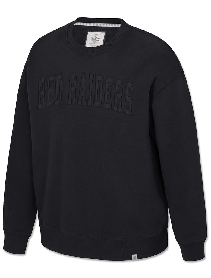 Tonal black RED RAIDERS twill applique on a black Arena Texas Tech sueded fleece crewneck sweatshirt