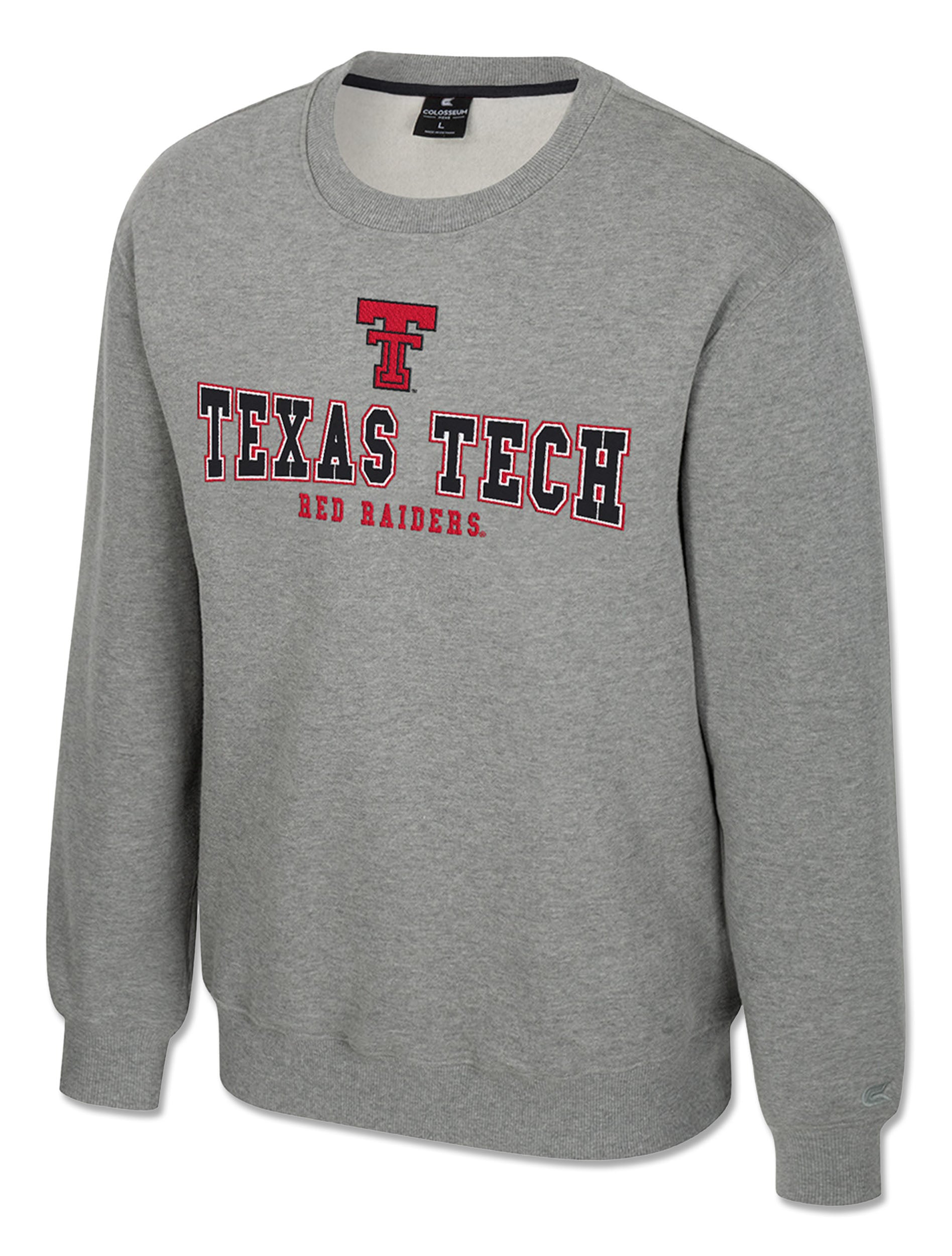 Heather grey Texas Tech crewneck sweatshirt with a red Double T above TEXAS TECH in black with a red outline and RED RAIDERS in red beneath