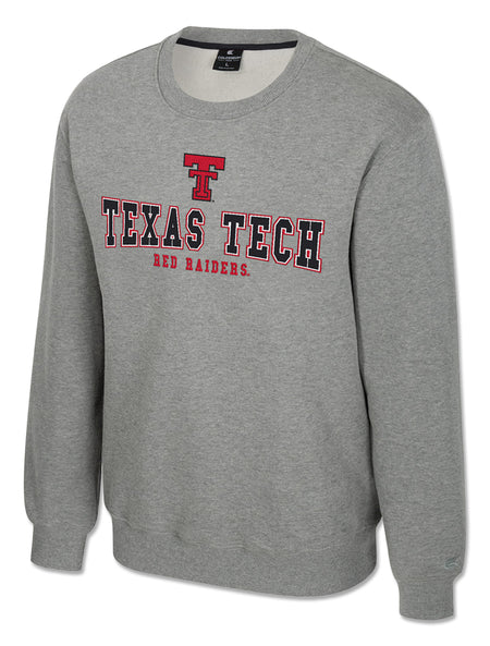 Heather grey Texas Tech crewneck sweatshirt with a red Double T above TEXAS TECH in black with a red outline and RED RAIDERS in red beneath