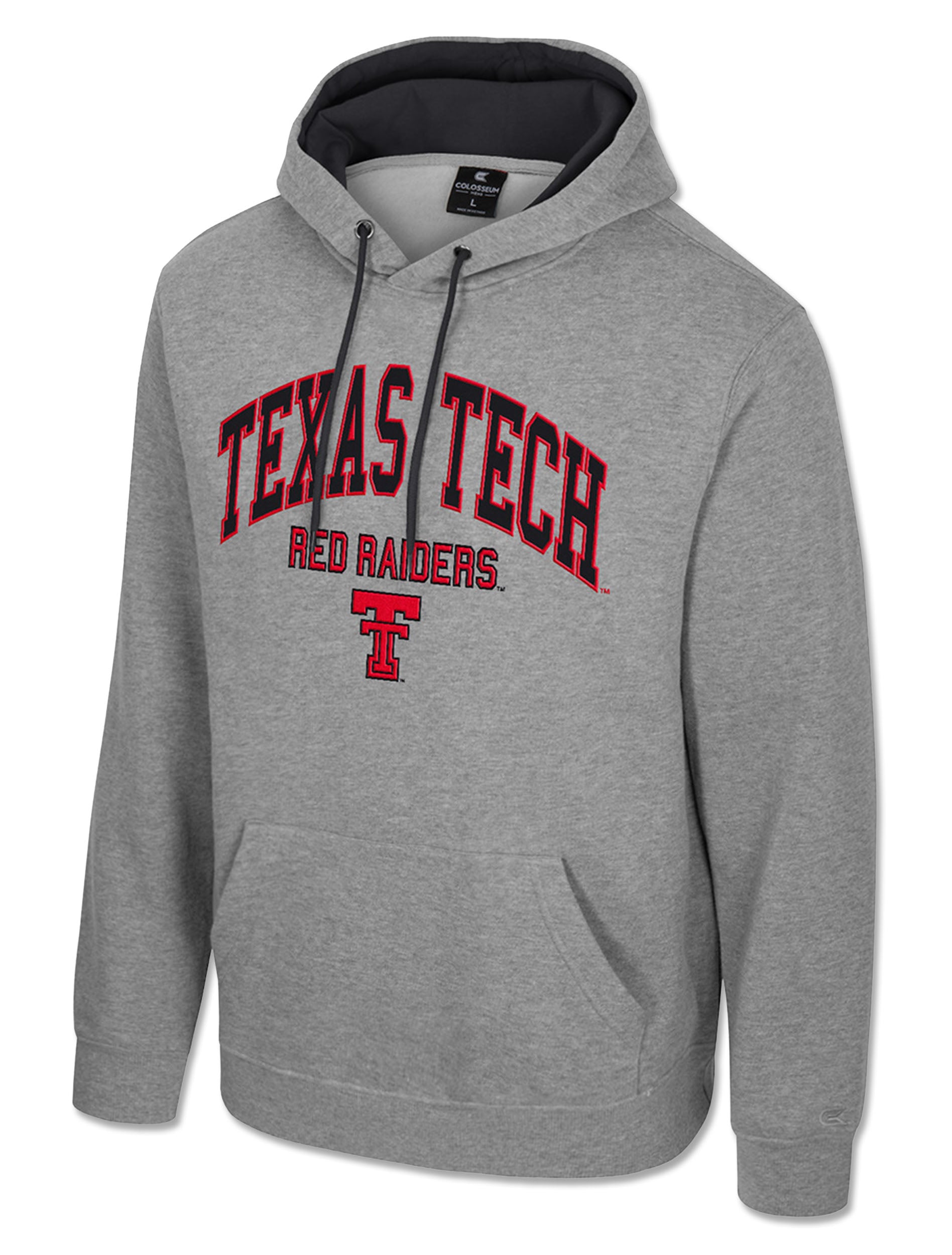 Heather grey Texas Tech hooded sweatshirt with arched TEXAS TECH lettering in black with a red outline, RED RAIDERS below it and a red Double T on the chest