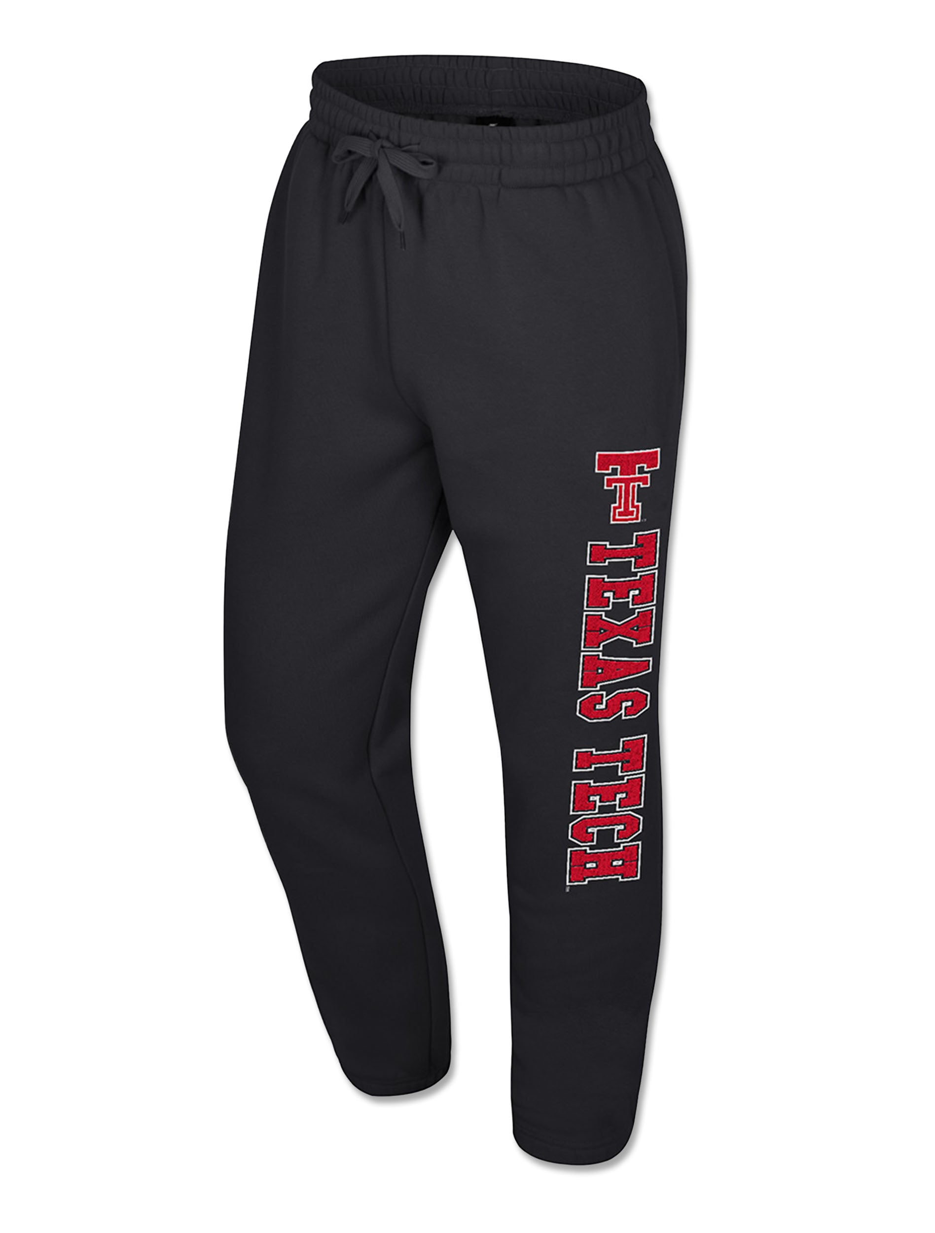 Front of black Texas Tech sweatpants with the Double T above TEXAS TECH running vertically down the left leg in red with a white outline, a drawcord waist and elastic gathered hems