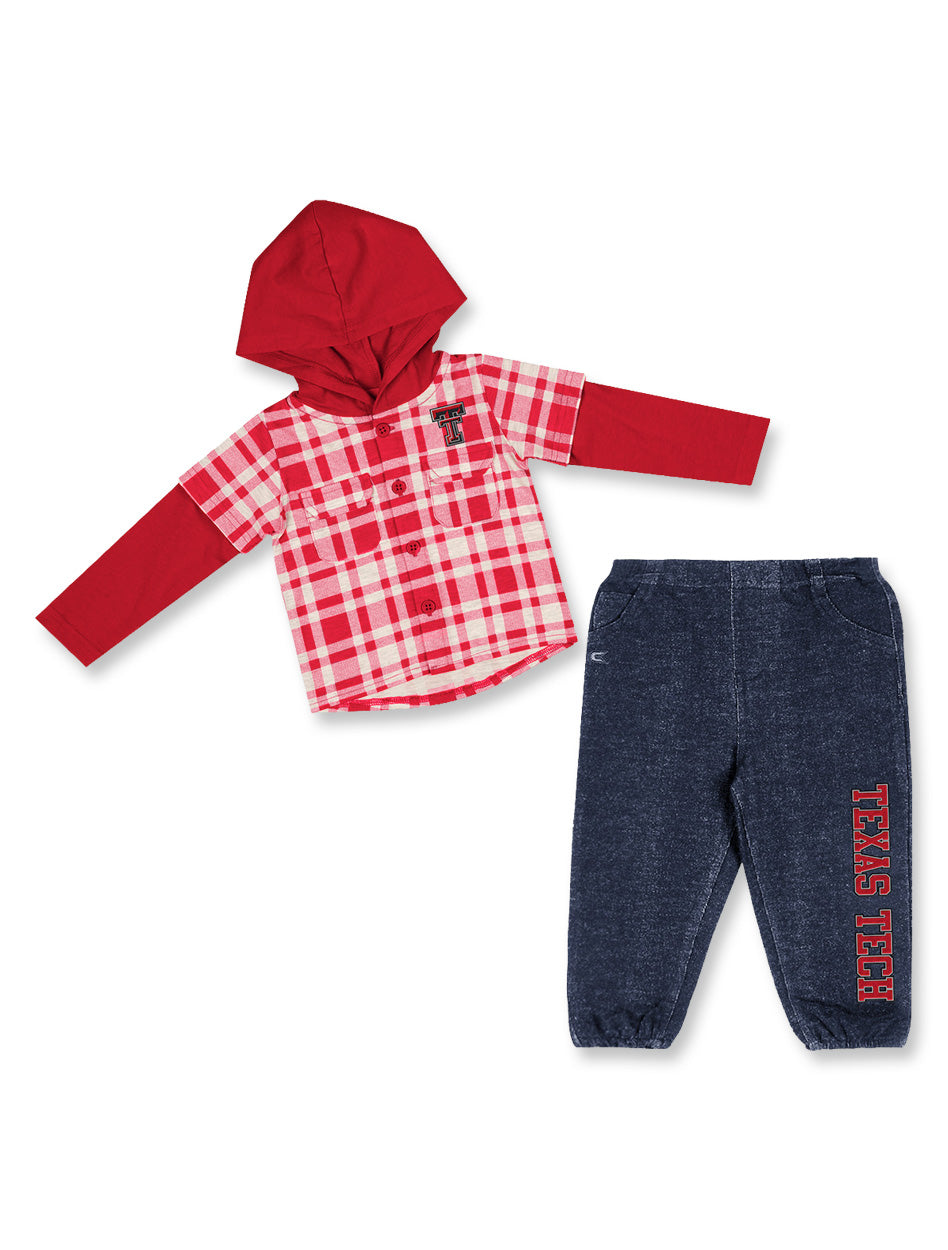 Texas Tech infant outfit, Red Raiders baby clothes, Texas Tech hoodie baby set, baby Texas Tech jeans, plaid Texas Tech infant apparel, baby game day outfit Texas Tech