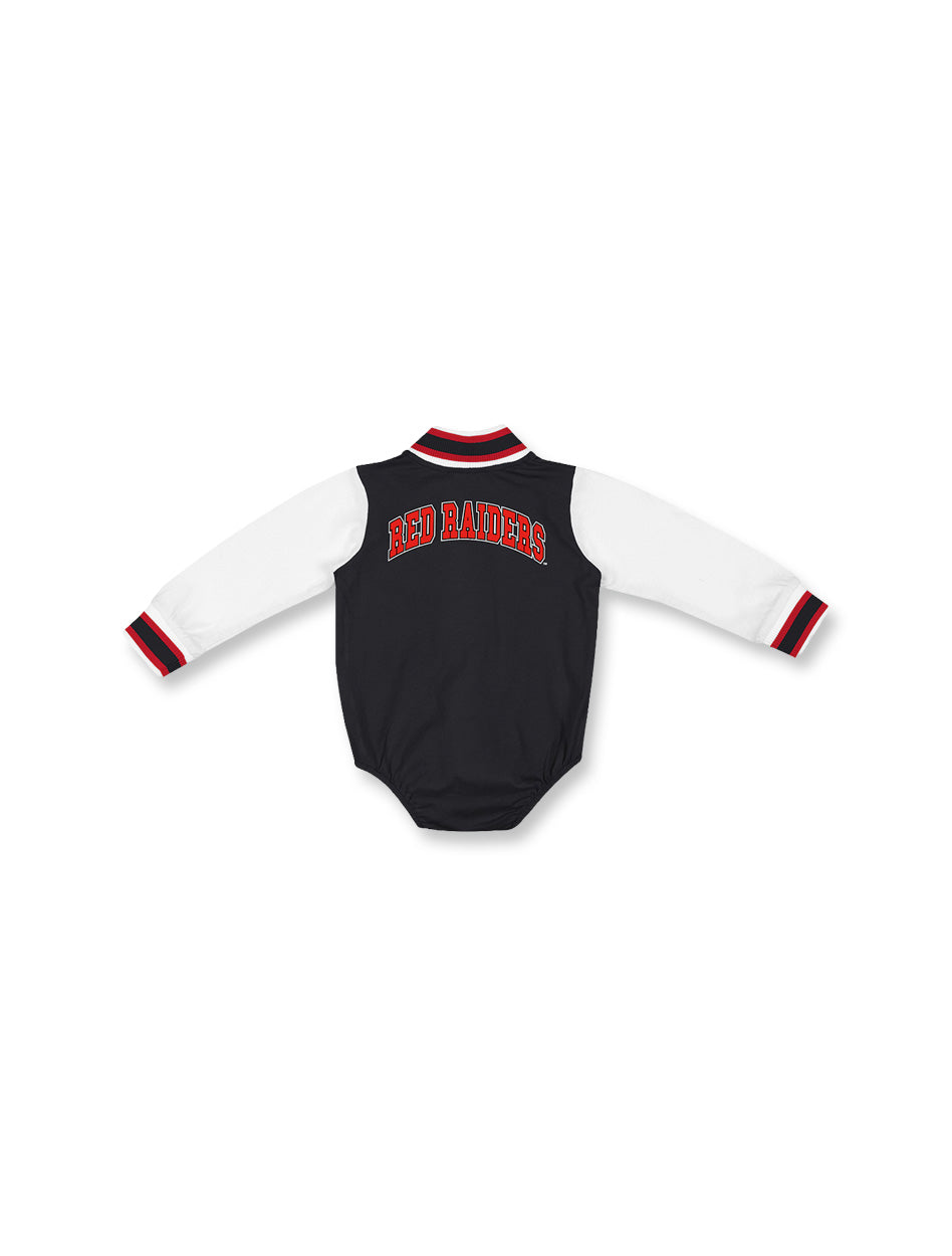 Texas Tech infant onesie, Arena Texas Tech baby varsity onesie, Texas Tech infant jacket onesie, Red Raiders baby outfit, Texas Tech letterman baby bodysuit, Texas Tech Bell Rings onesie, Texas Tech baby gameday clothes, Double T infant apparel, Texas Tech newborn outfit, Texas Tech infant varsity style, Red Raiders baby clothes, Texas Tech baby fan gear.