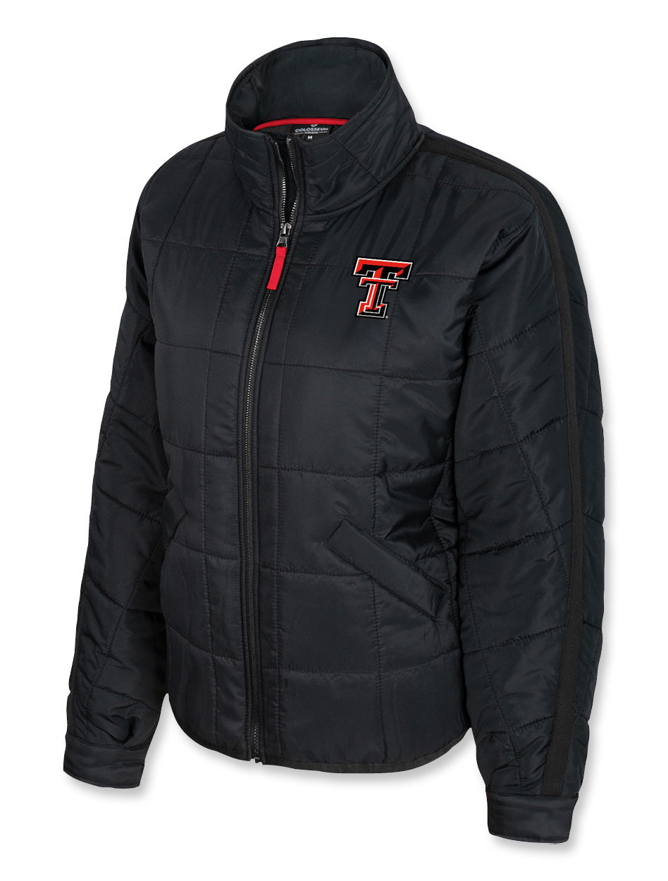 Texas Tech women's puffer jacket, Texas Tech lightweight jacket, packable Red Raiders jacket, Texas Tech winter gear, women's full-zip puffer, Texas Tech quilted coat