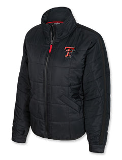 Texas Tech women's puffer jacket, Texas Tech lightweight jacket, packable Red Raiders jacket, Texas Tech winter gear, women's full-zip puffer, Texas Tech quilted coat
