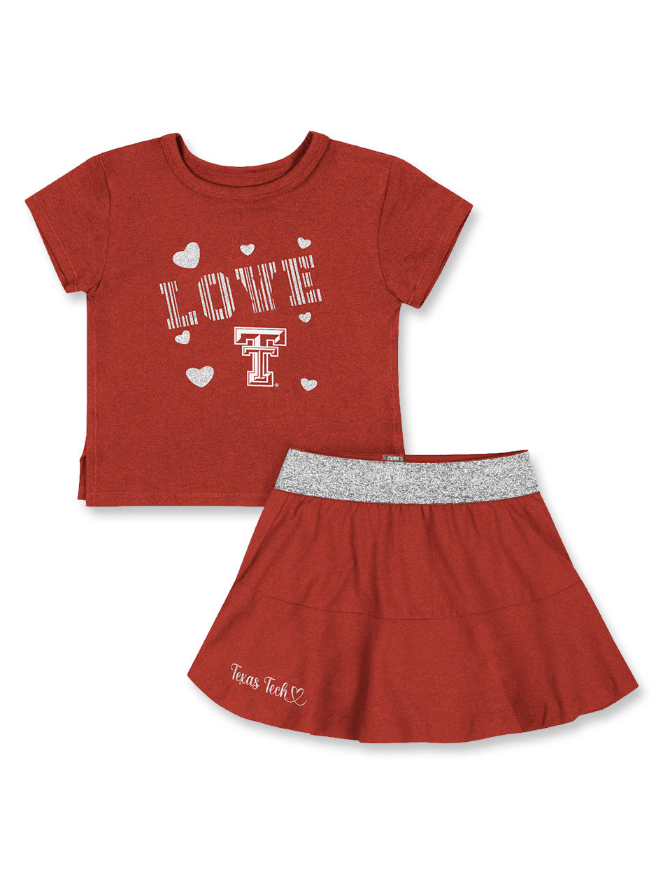 Texas Tech toddler set, Texas Tech girls outfit, toddler game day clothes, toddler Texas Tech clothes, Red Raiders toddler apparel, toddler Texas Tech skirt set, girls Texas Tech glitter shirt, toddler Texas Tech tee and skirt set.