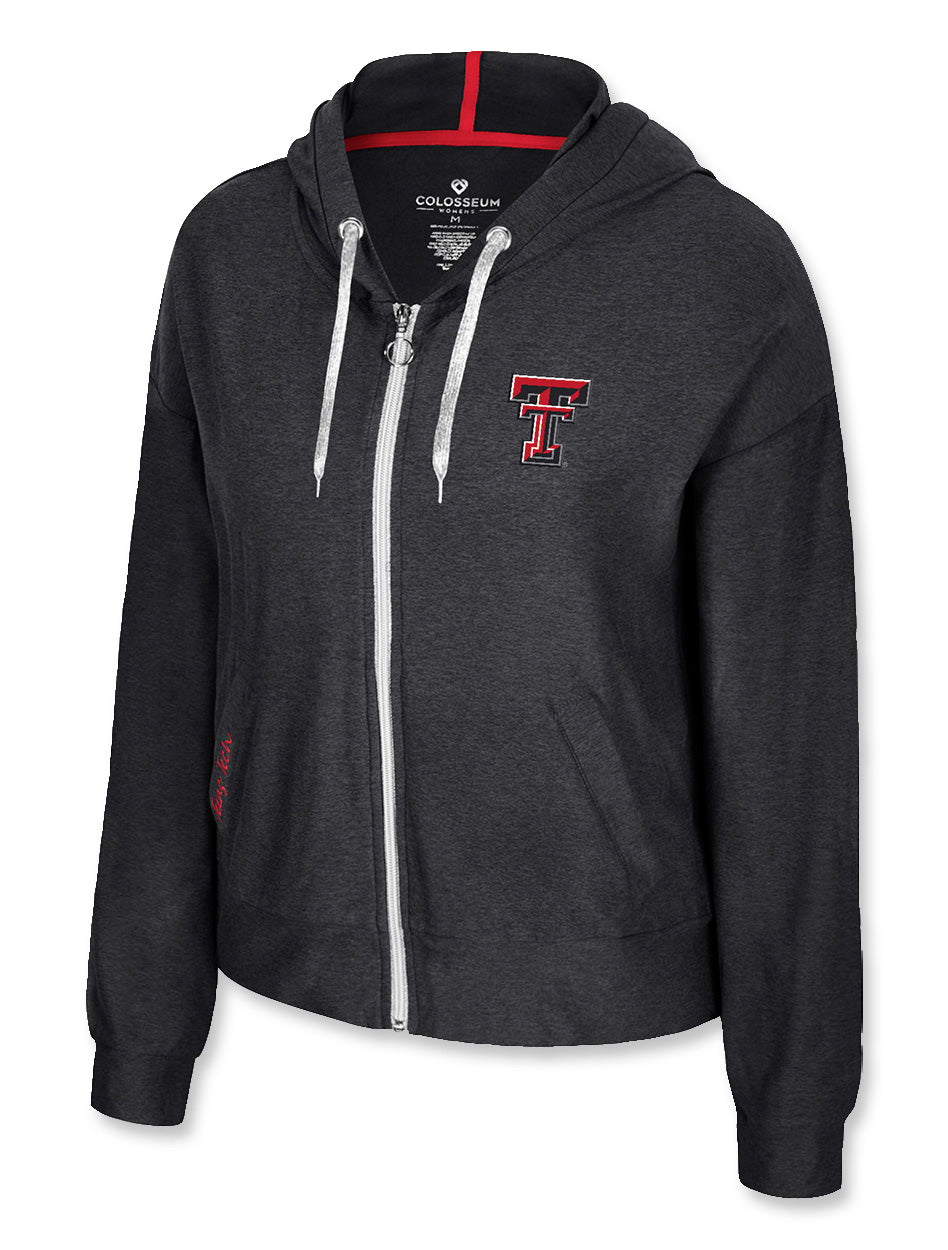 Texas Tech women’s hoodie, Texas Tech zip-up sweatshirt, women’s Red Raiders hoodie, Texas Tech full-zip fleece, ladies game day hoodie, charcoal Texas Tech sweatshirt, Double T women’s zip hoodie.