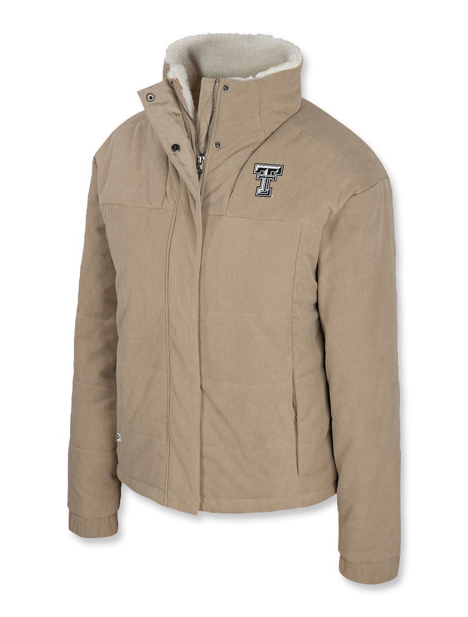 Texas Tech women's jacket, corduroy puffer jacket, Texas Tech winter coat, sherpa-lined Texas Tech jacket, Red Raiders women's outerwear, Texas Tech apparel for women