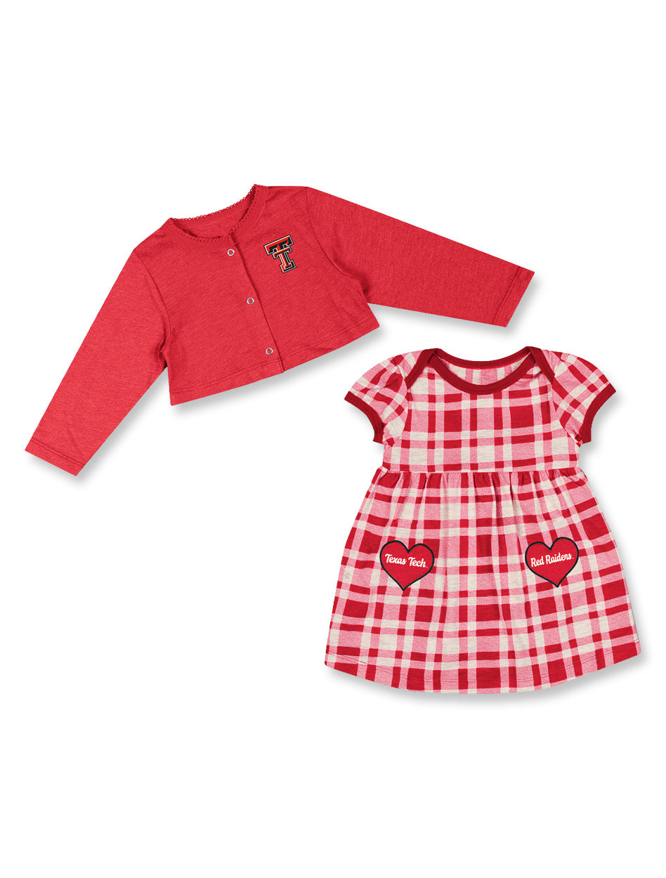 Texas Tech baby dress, infant Texas Tech outfit, Red Raiders baby girl dress, Texas Tech toddler cardigan set, Texas Tech gingham dress

Your future Red Raider will steal the spotlight in this sweet and spirited Texas Tech infant dress and cardigan combo. Ideal for the littlest fans ready to rep Raiderland in style!