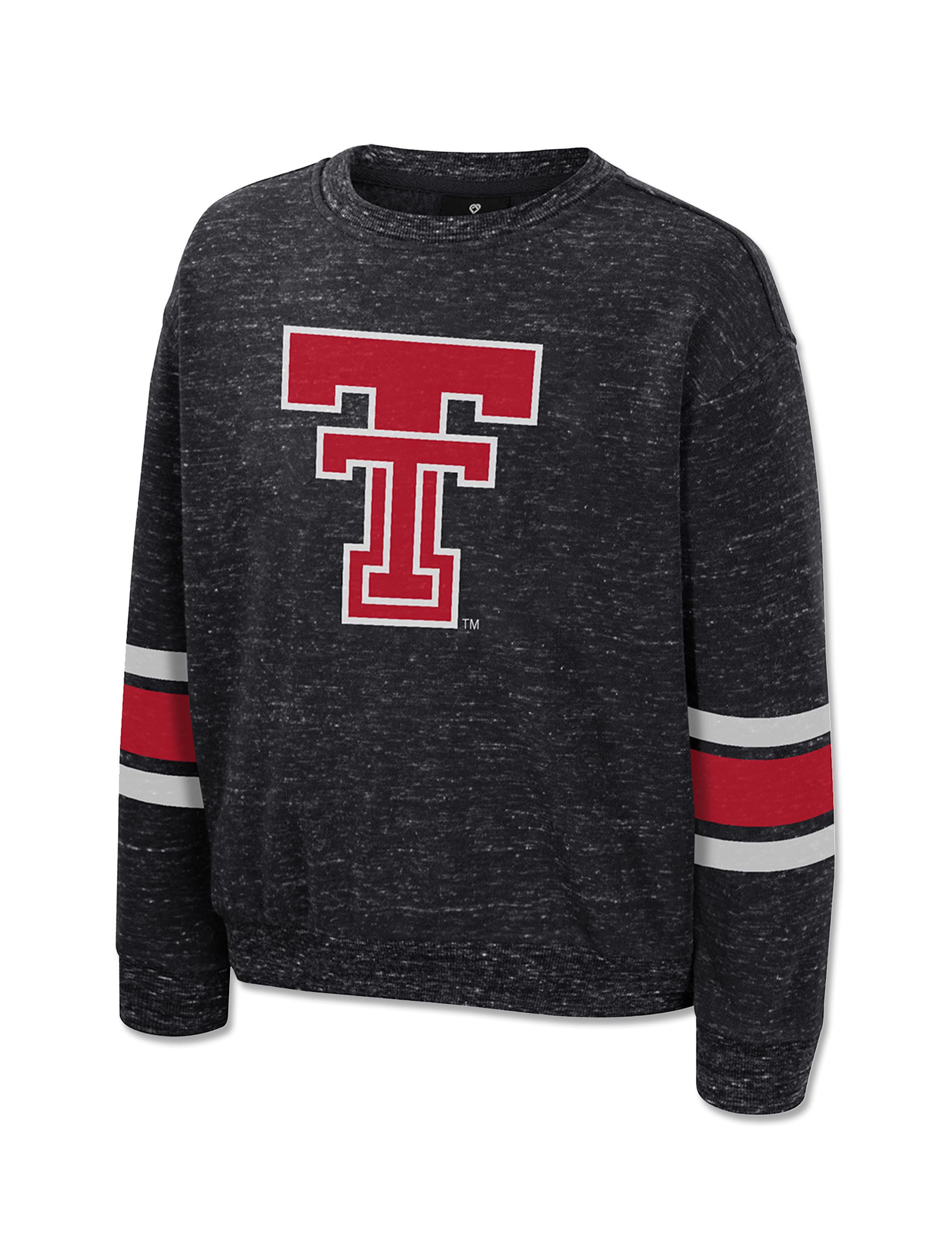 Black speckled Texas Tech girls crewneck sweatshirt with a red Double T on the chest and red, white and black bands on both sleeves