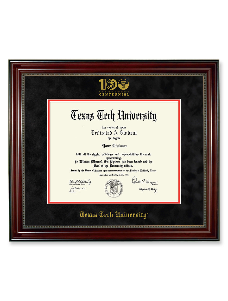 Texas Tech "100th Anniversary" Gold Embossed Cherry Bead Black Suede Diploma Frame T21