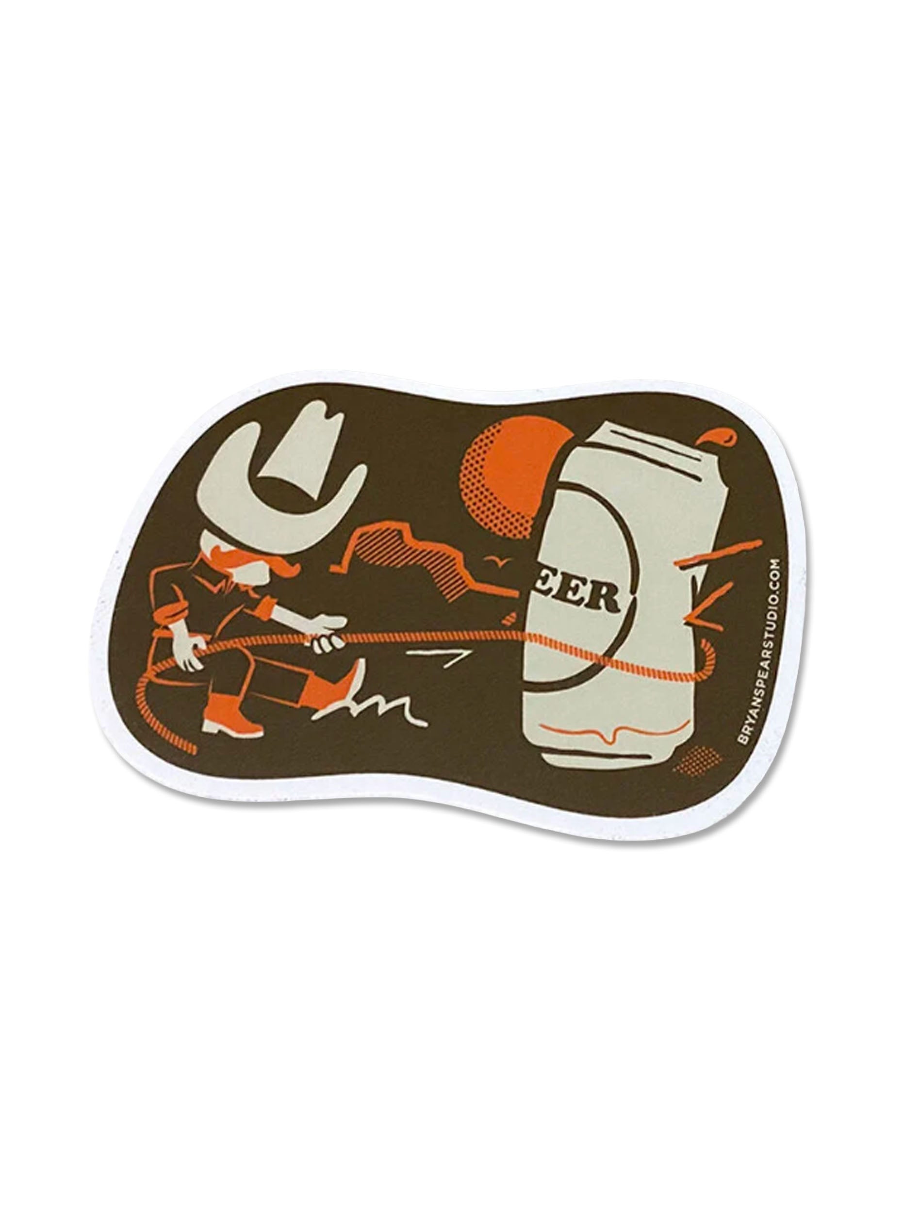 Retro Western vinyl sticker of a cowboy lassoing a giant can of beer against a setting sun, in orange and cream on brown