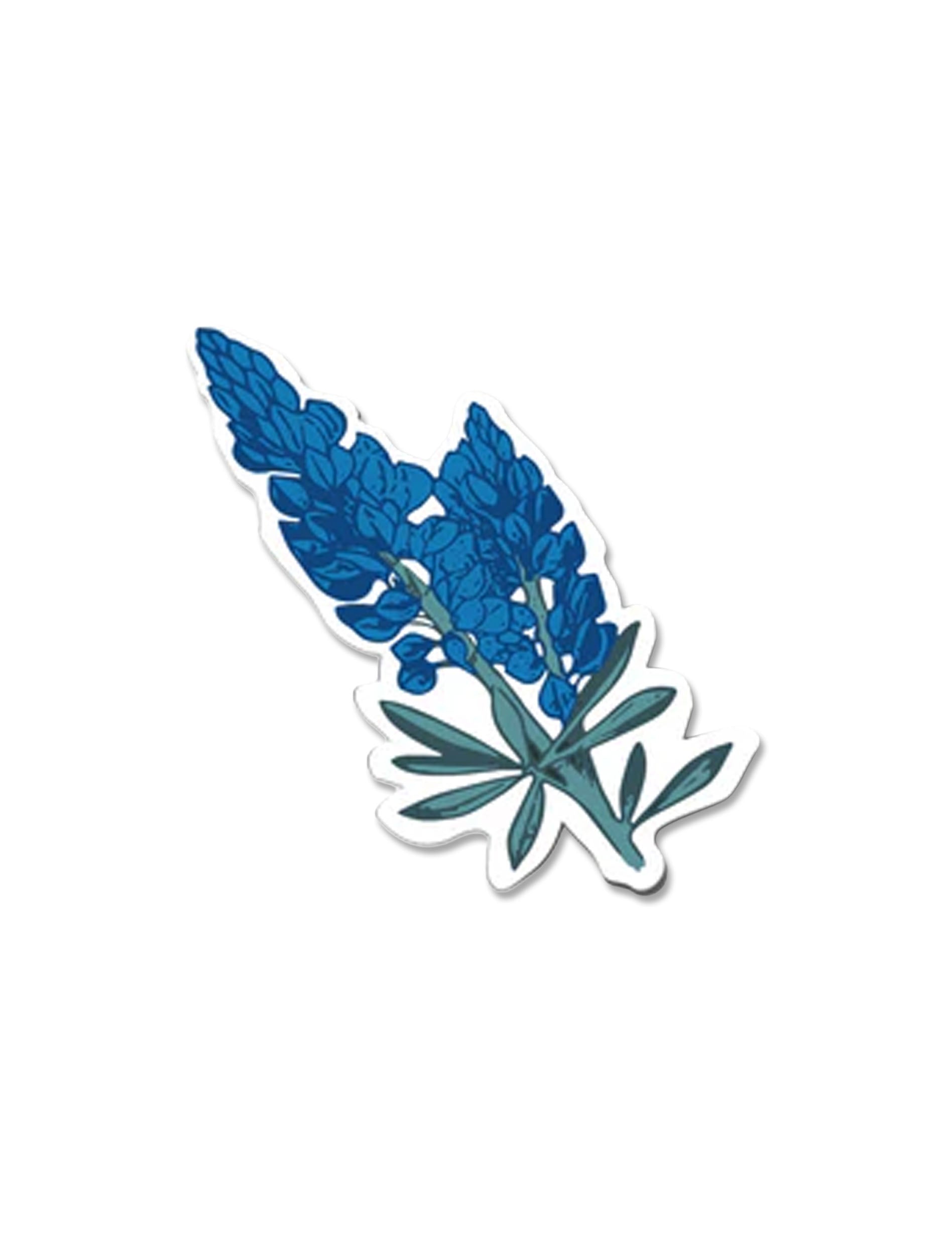 Die-cut vinyl sticker of two Texas bluebonnet stalks in cobalt and sky blue with silvery green leaves and a white border
